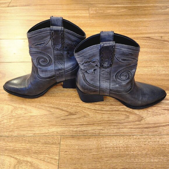 Western Ankle Boots Spiral Stitch Cowgirl Booties Black Leather 5.5 - Picture 2 of 10